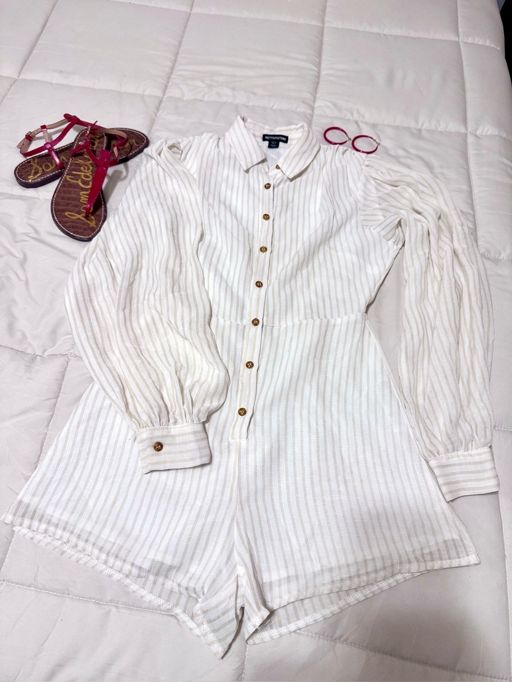 Button-Front Striped Romper in Cream by Pretty Little Things
